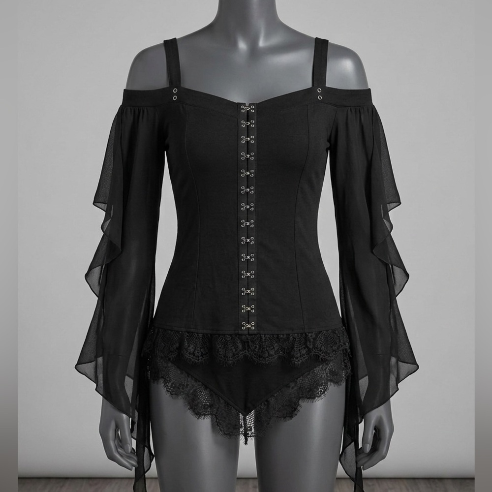 Cold-Shoulder Gothic Blouse with Lace Accents - Picture 2 of 3